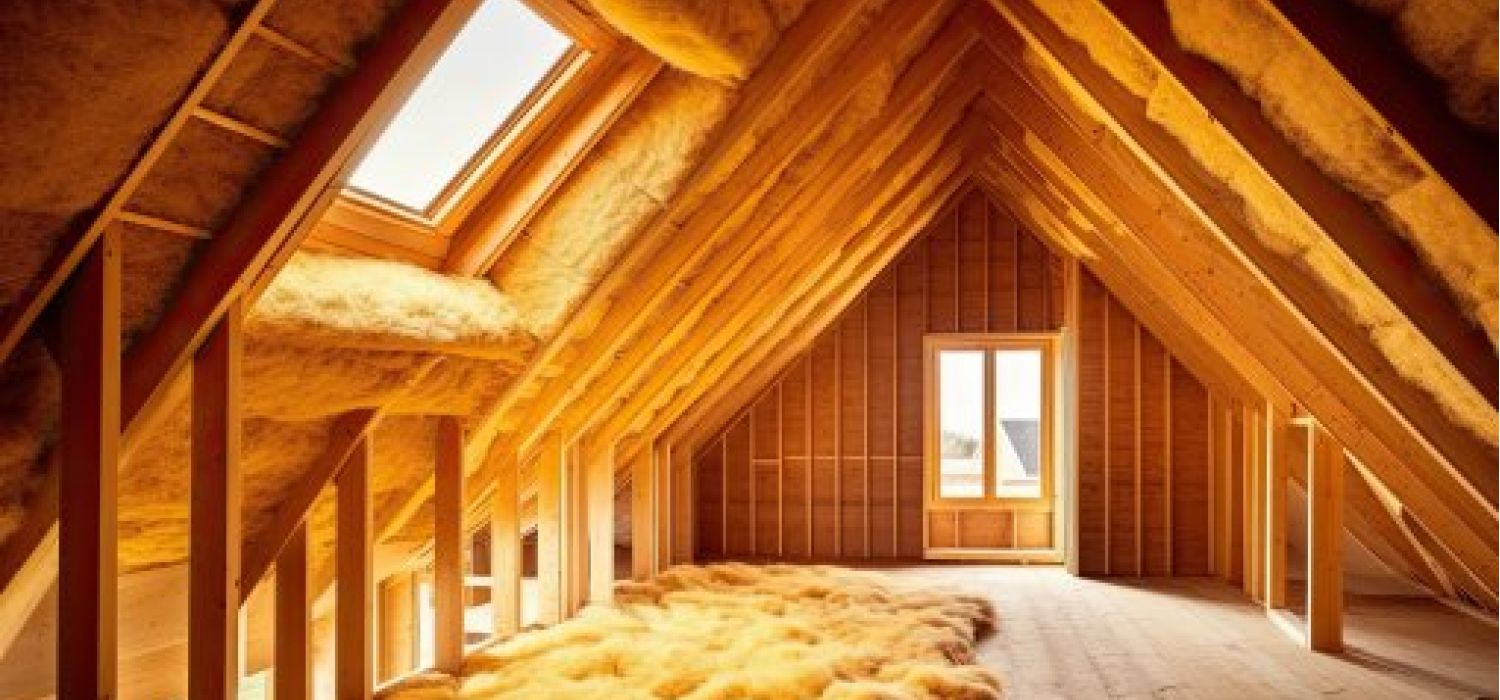 Sottotetto in legno con isolamento termico in lana minerale tra le travi, lucernario e finestra che lasciano entrare luce naturale