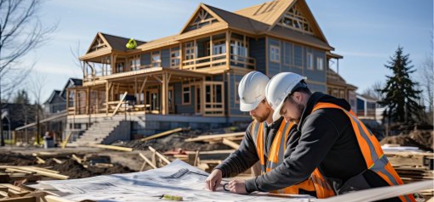 Due tecnici con elmetto e gilet catarifrangente consultano un progetto cartaceo davanti a una casa bifamiliare in costruzione con struttura in legno